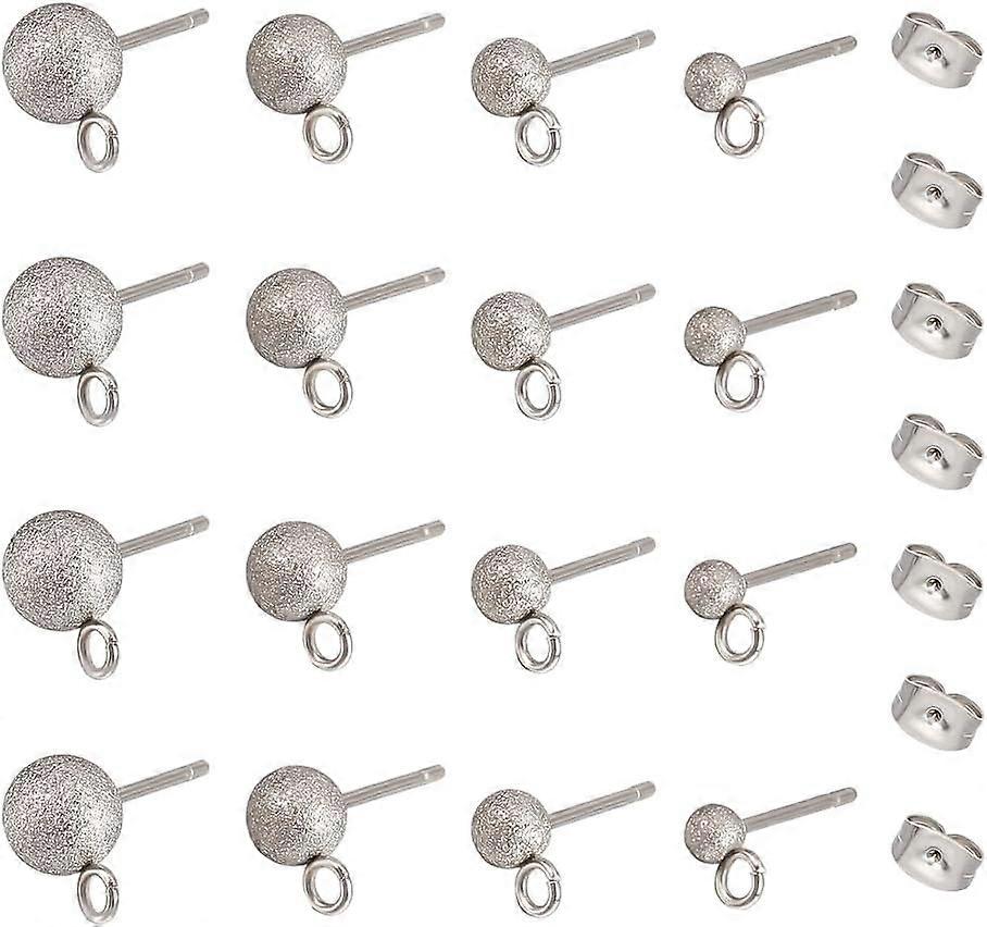 40pcs 4 Size Textured Ball Stud Earring Findings 304 Stainless Steel Stud Earring with Ear Nuts and Horizontal Loops Hypoallergenic Post Stud Earrings