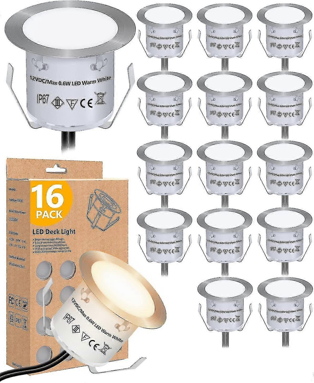 Recessed Led Deck Lights Kit (pack Of 16), 12v Low Voltage Landscape Lighting, Ip67 Waterproof Outdoor Step Lights, Warm White Deck Lighting For Garde