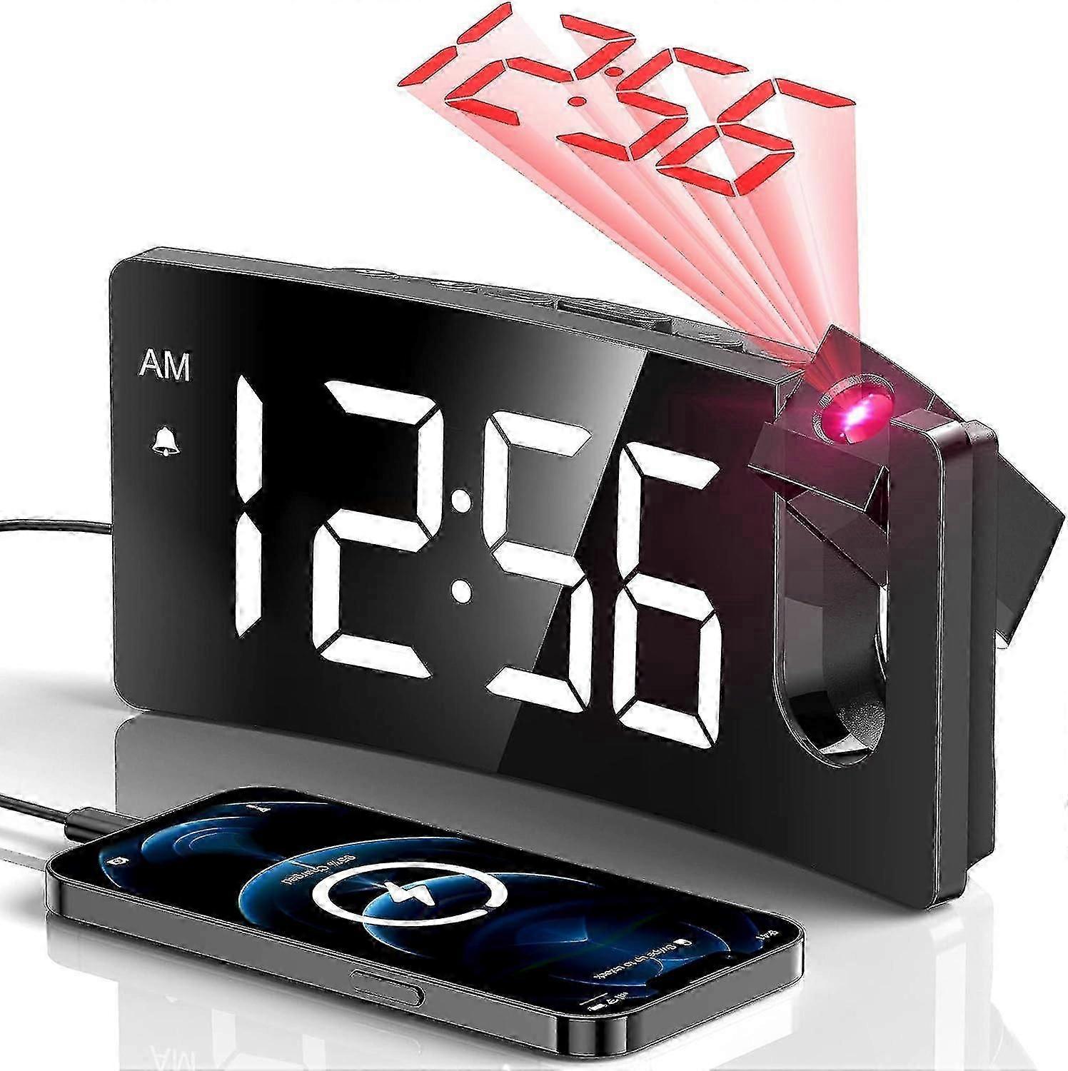 Projection Alarm Clock, Digital Clock with 180 Rotatable Projector, 3-Level Brightness Dimmer - JA