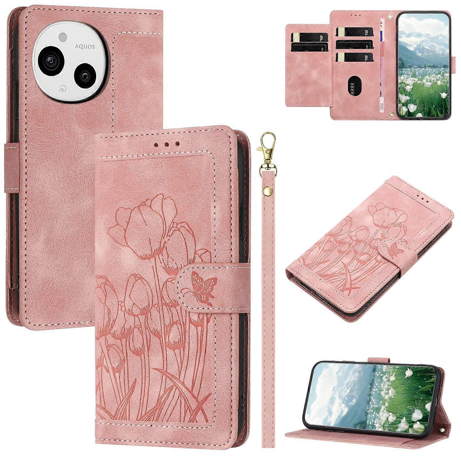Tulips Embossed Leather Phone Case with Lanyard