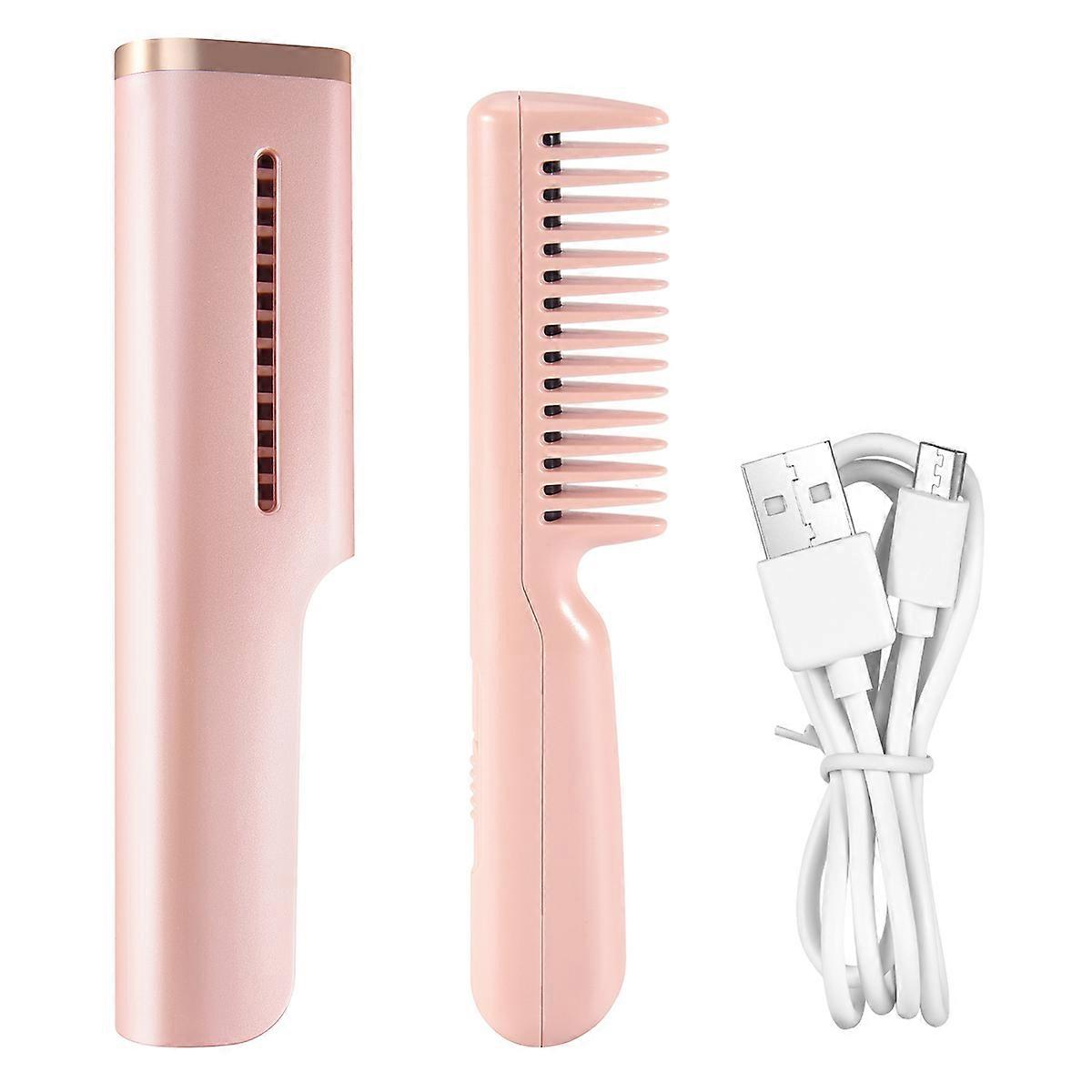 Electric Cordless Hair Straightener and Curling 2 in 1 Dry Comb Mini USB Charging Hot Straightening Pink