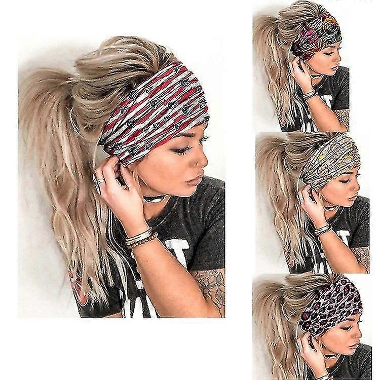 Boho Headbands ,hair Bands With Leopard & Stripe Pattern ,soft & Stretchy(4 Pcs)