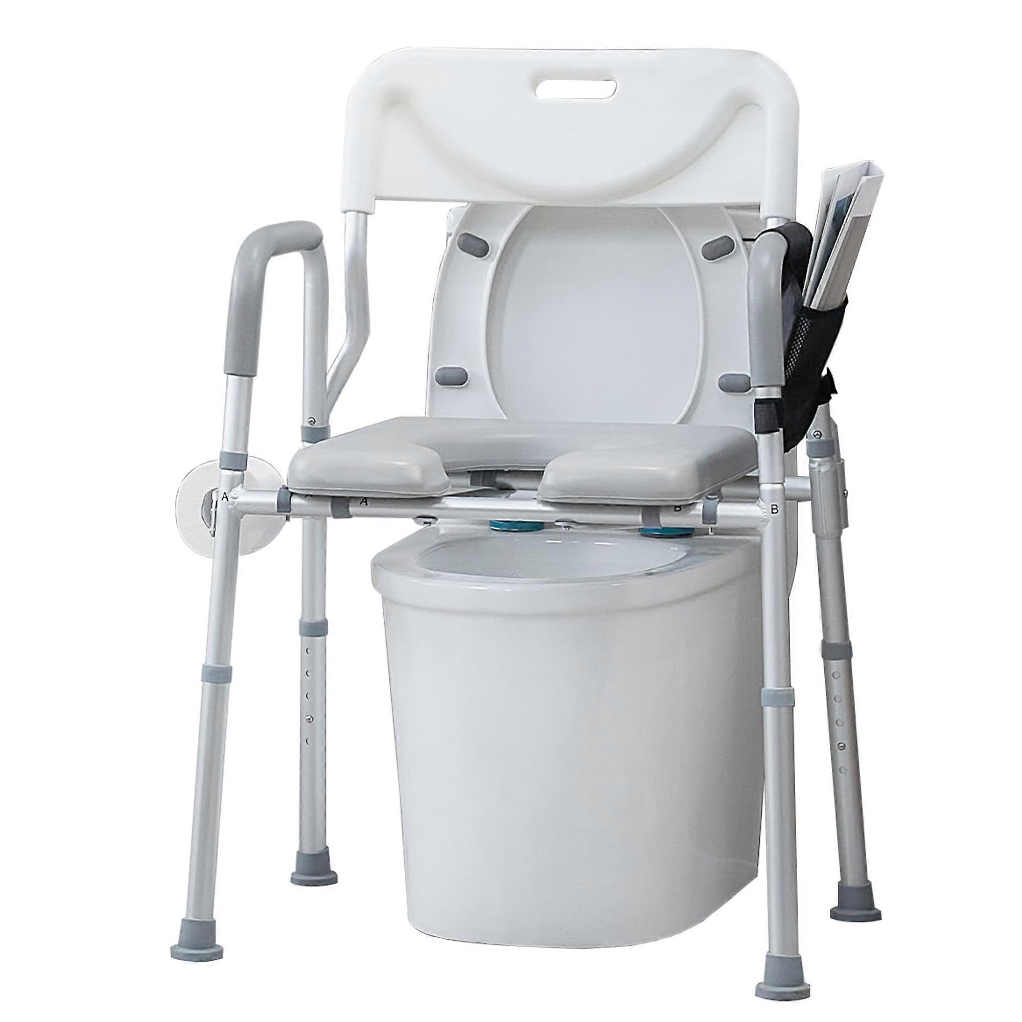 4-in-1 Raised Toilet Seat with Armrests and Backrest, Bedside Commode Chair, Adjustable Toilet Safety Frame, Shower Chair with Padded Seat, Grey