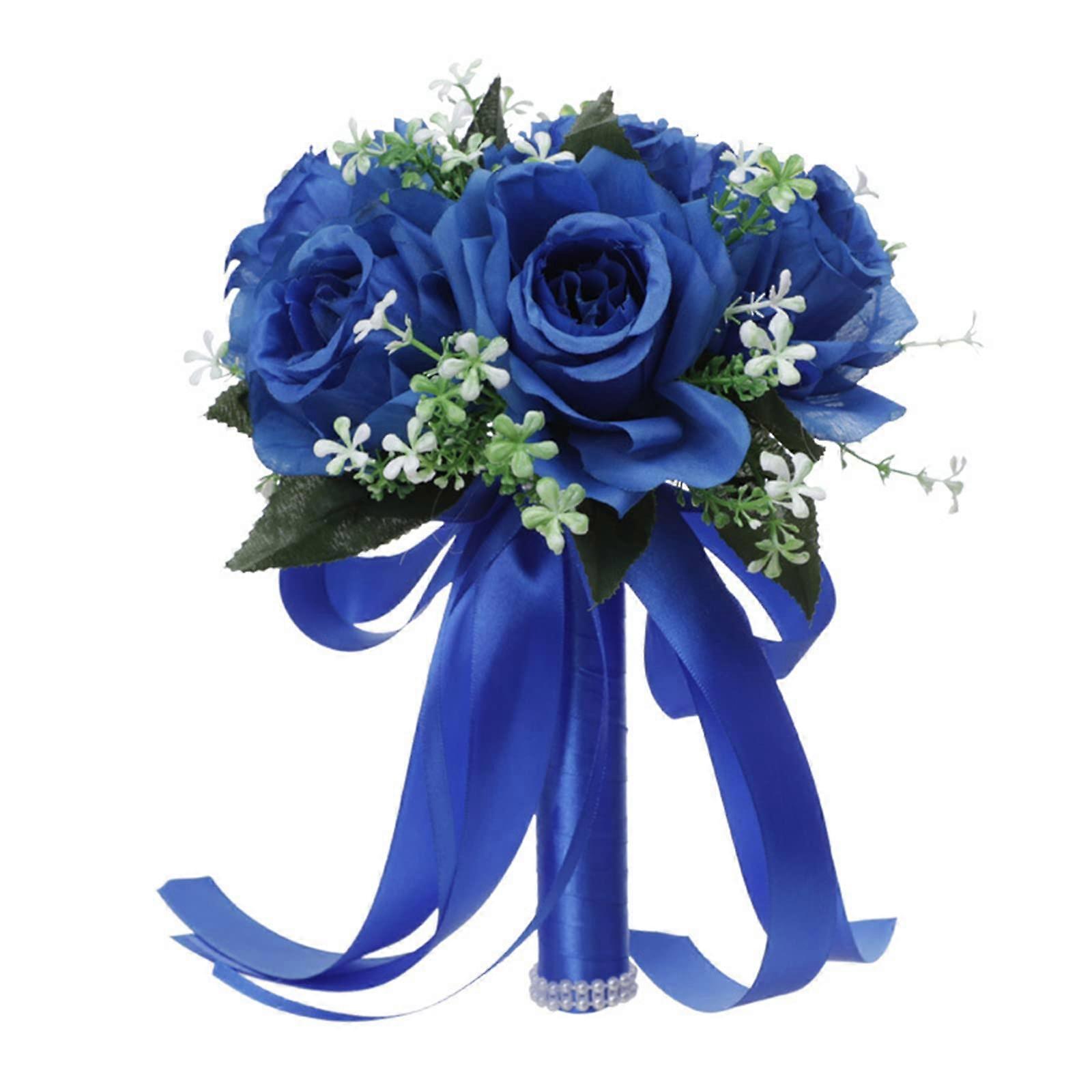 Artificial silk fabric rose bouquet with bridesmaid holding bouquet bride wrap blue