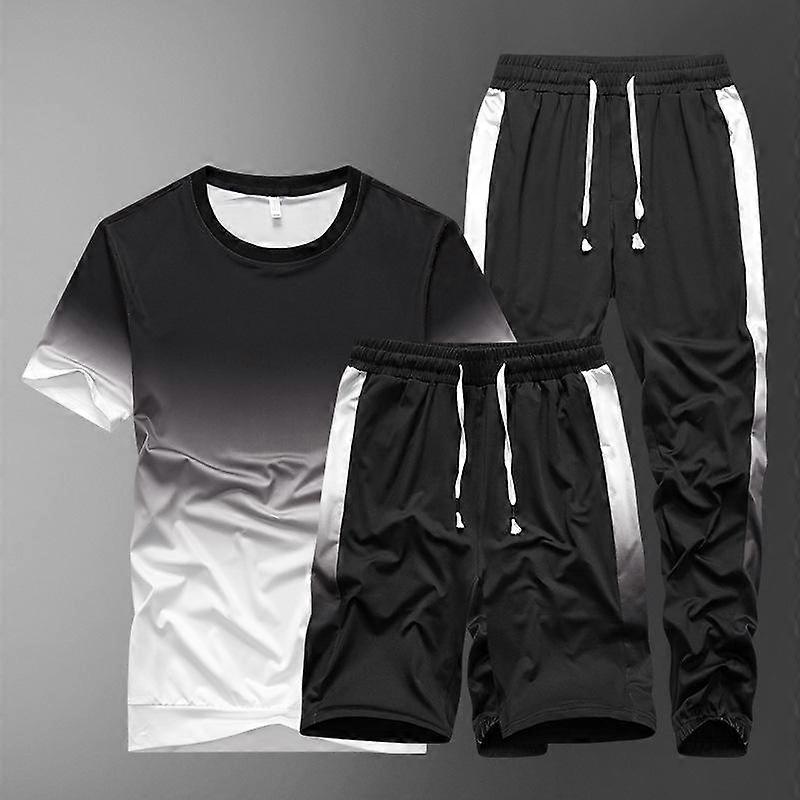 Tie Dye Gradient Casual Sports Set for Men's Summer Short Sleeved Three Piece Set