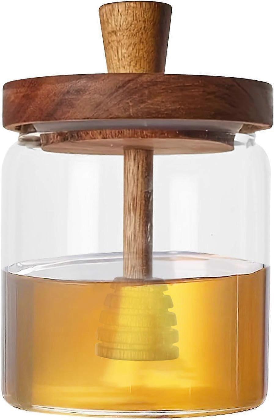 AURA Honey Jar, Glass Honey Pot, Wooden Lid Honey Jar, 500ml Honey Container, Honey Jar With Dipper, Honey Pot With Lid