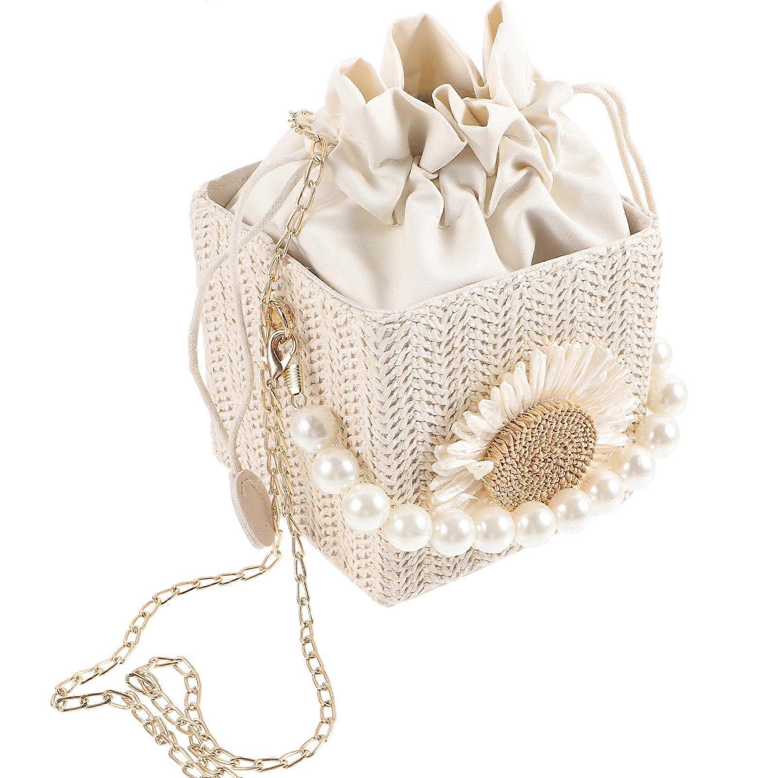 Straw Woven Crossbody Bag with Pearl Chain and Drawstring Closure – Lightweight Shoulder Bag for Women, Chic Design for Daily Use and Parties