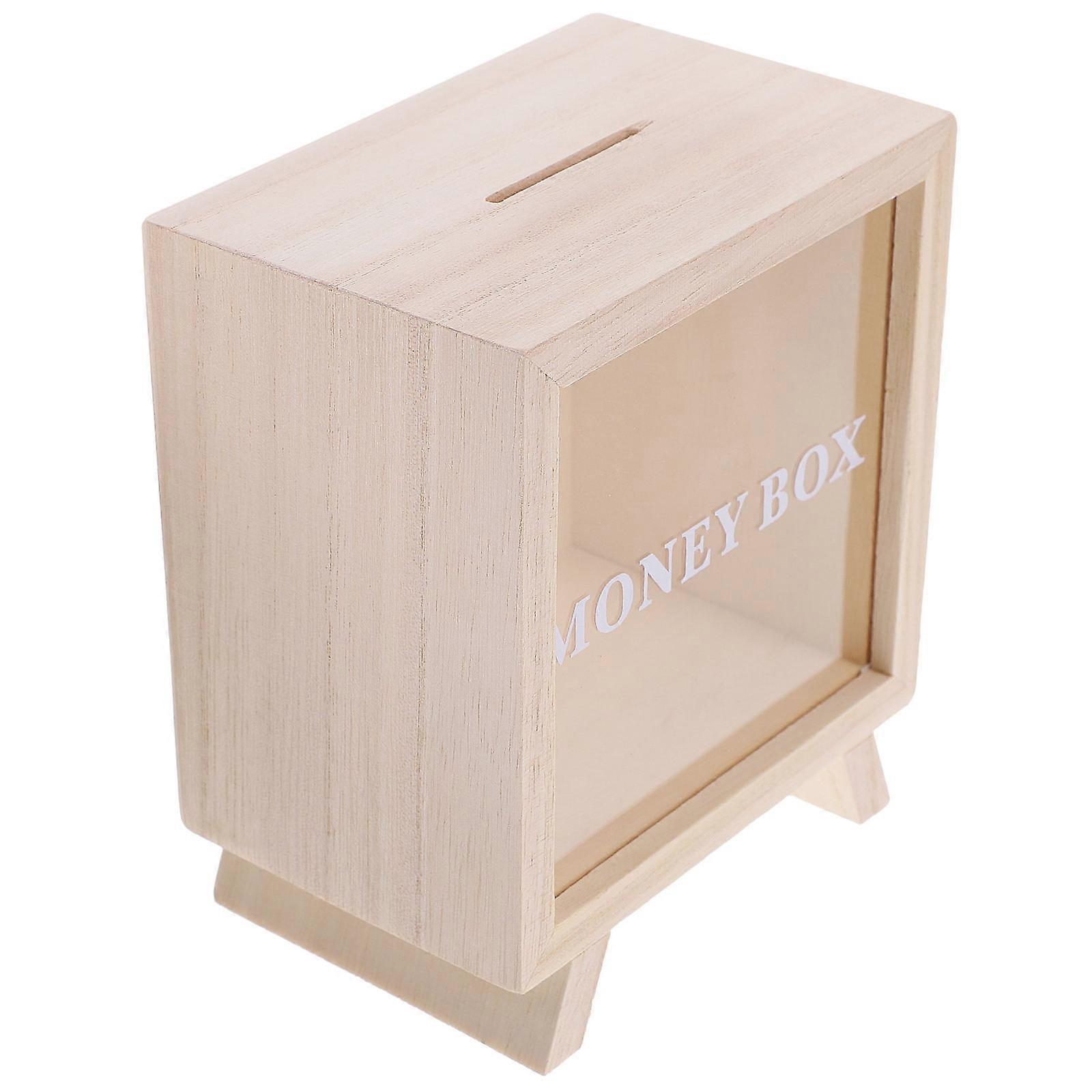 Money Saving Box Wood Coin Bank Tip Jar Children Desktop Decoration Oval Shape Transparent Window 1Set