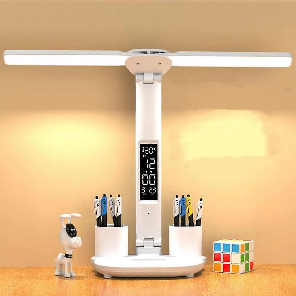 Double Head LED Desk Lamp with Clock, 3 Color Temperatures, 3200 mAh, TypeC, Touch Control