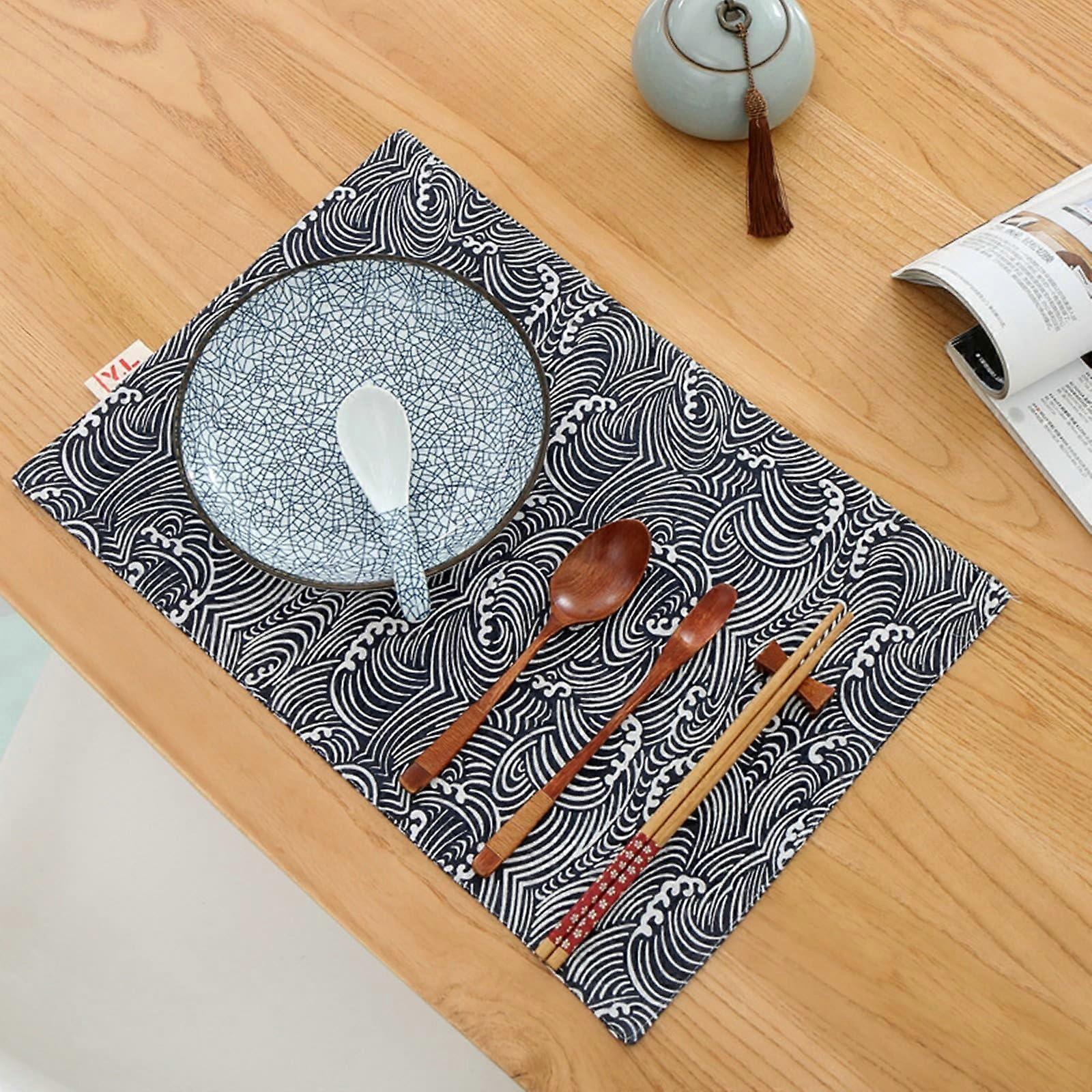 Washable Polyester Place Mats Set of 2, Japanese Wave Pattern Coasters, Dark Blue, 45 x 30 cm, Square Design, Style 3