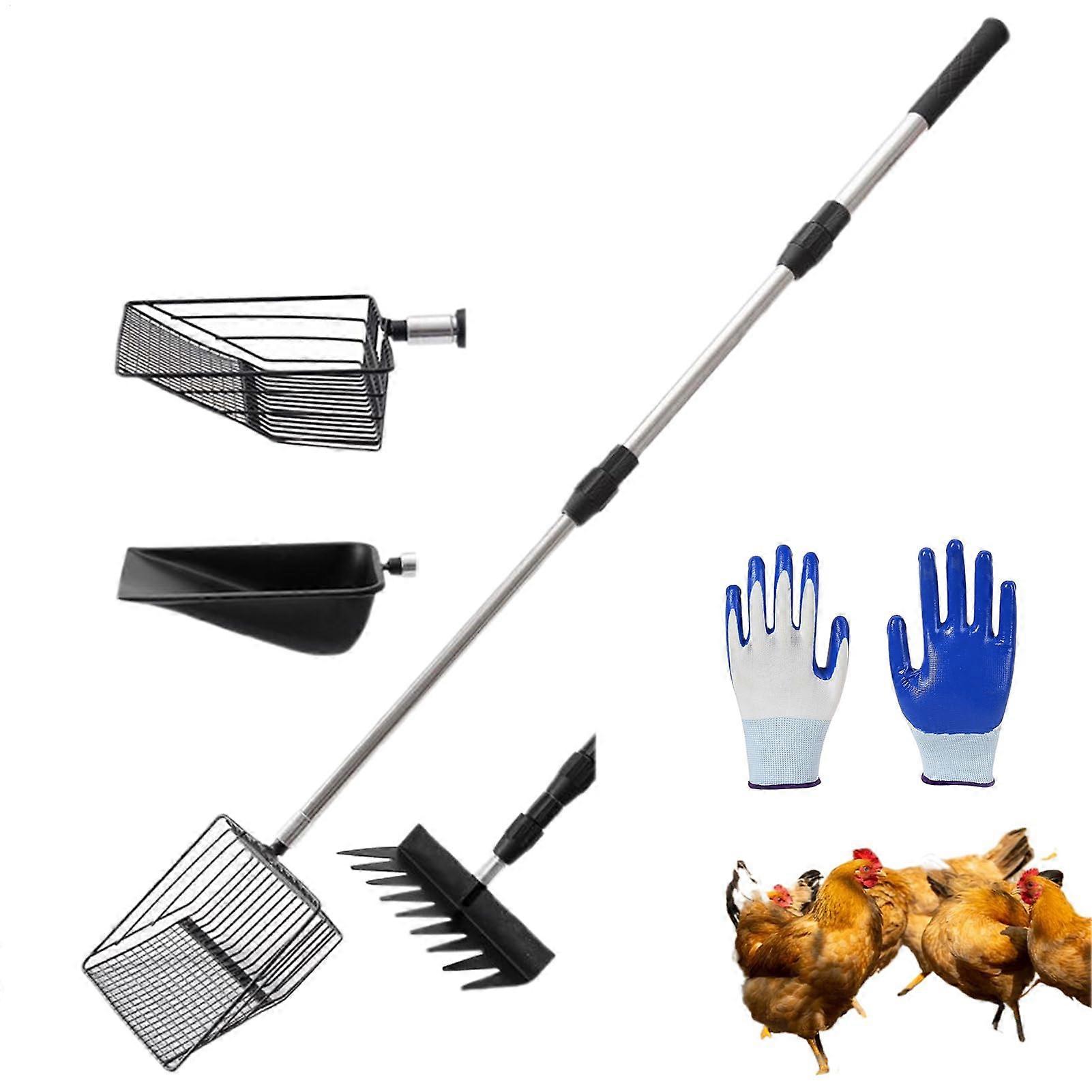 Chicken Coop Scoop Extendable Chicken Manure Scoop Multifunctional Ergonomic Tool with 4 Scoop Attachments for Bedding, Poultry Keeping