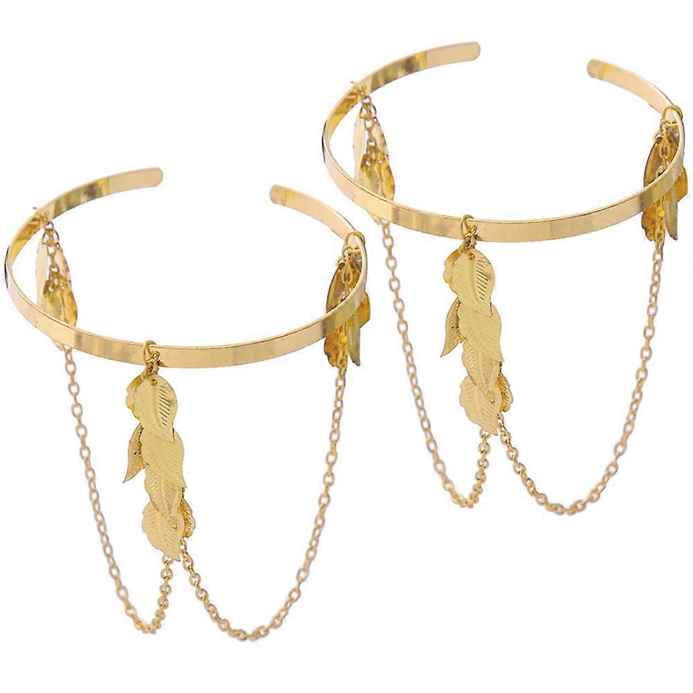 Gold Metal Chain Armlet Cuff Bracelet with Leaf Design Stylish Bangle for Daily Wear and Special Occasions Comfortable Skin Safe Accessory