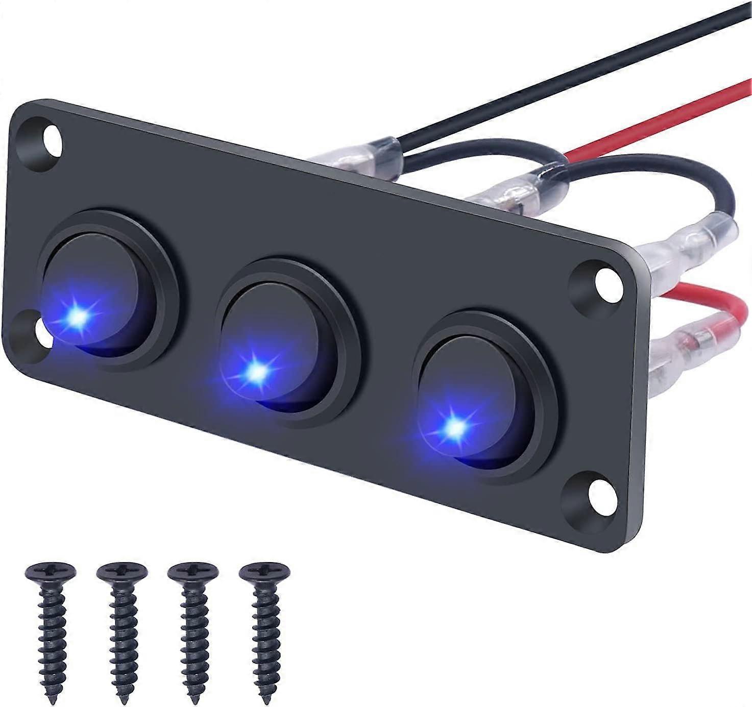 KCD2102NBUXBZ 3 Gang Switch Panel 12 V DC Round 20 A 3Pin On/Off SPST Blue LED Switch Control for Car or