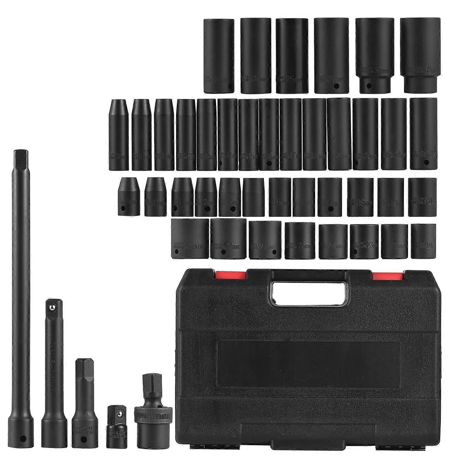 1/2 Drive Metric Impact Socket Set | 45 Piece Deep and Shallow Assortment | Metric Sizes 9mm to 32mm | Top Grade Chrome Vanadium Steel | Extension Ba