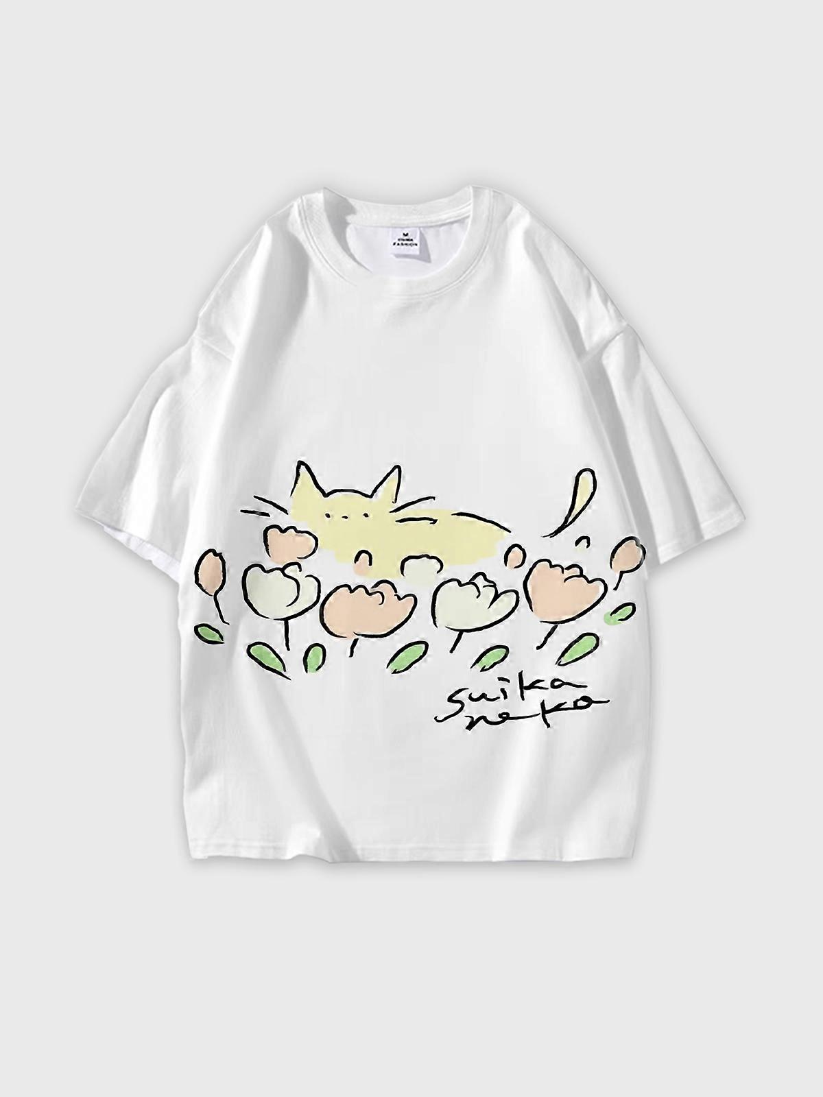 T-Shirt Round Neck, Loose Short Sleeve Pattern Graphic Tee, Unisex Summer Casual Top W2895
