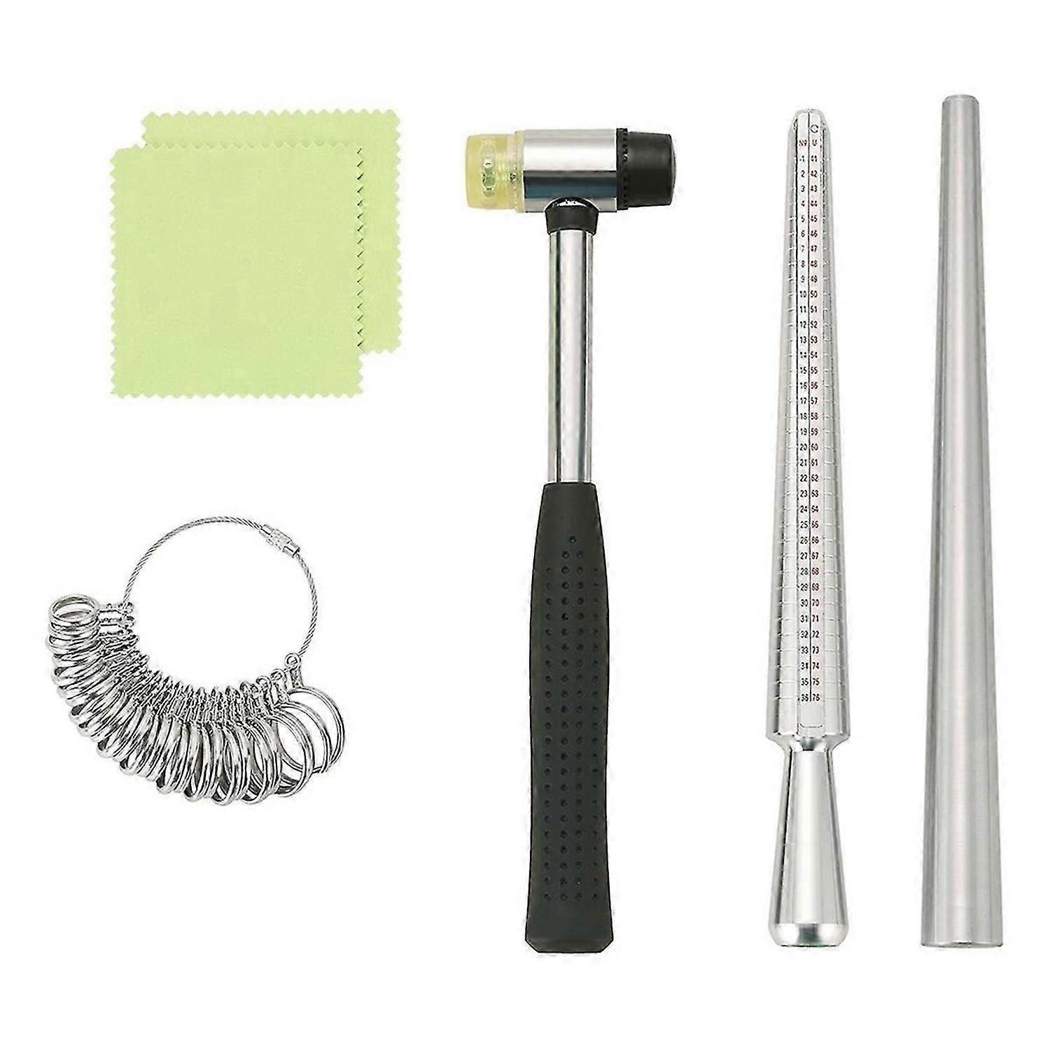 Ring Sizing Tool Kit with Ring Mandrel, Rubber Mallet, Double Sided Measuring and 2 Pieces Cleaning,