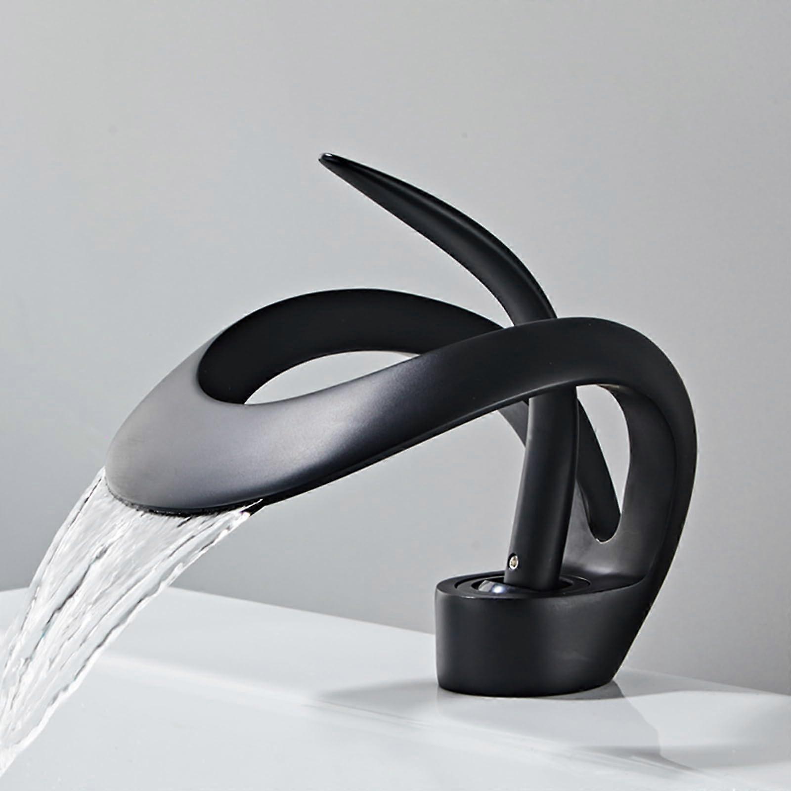 Basin Mixer Tap Black Finish Waterfall Bathroom Faucet With Hoses LowProfile Lavatory Sink Faucet