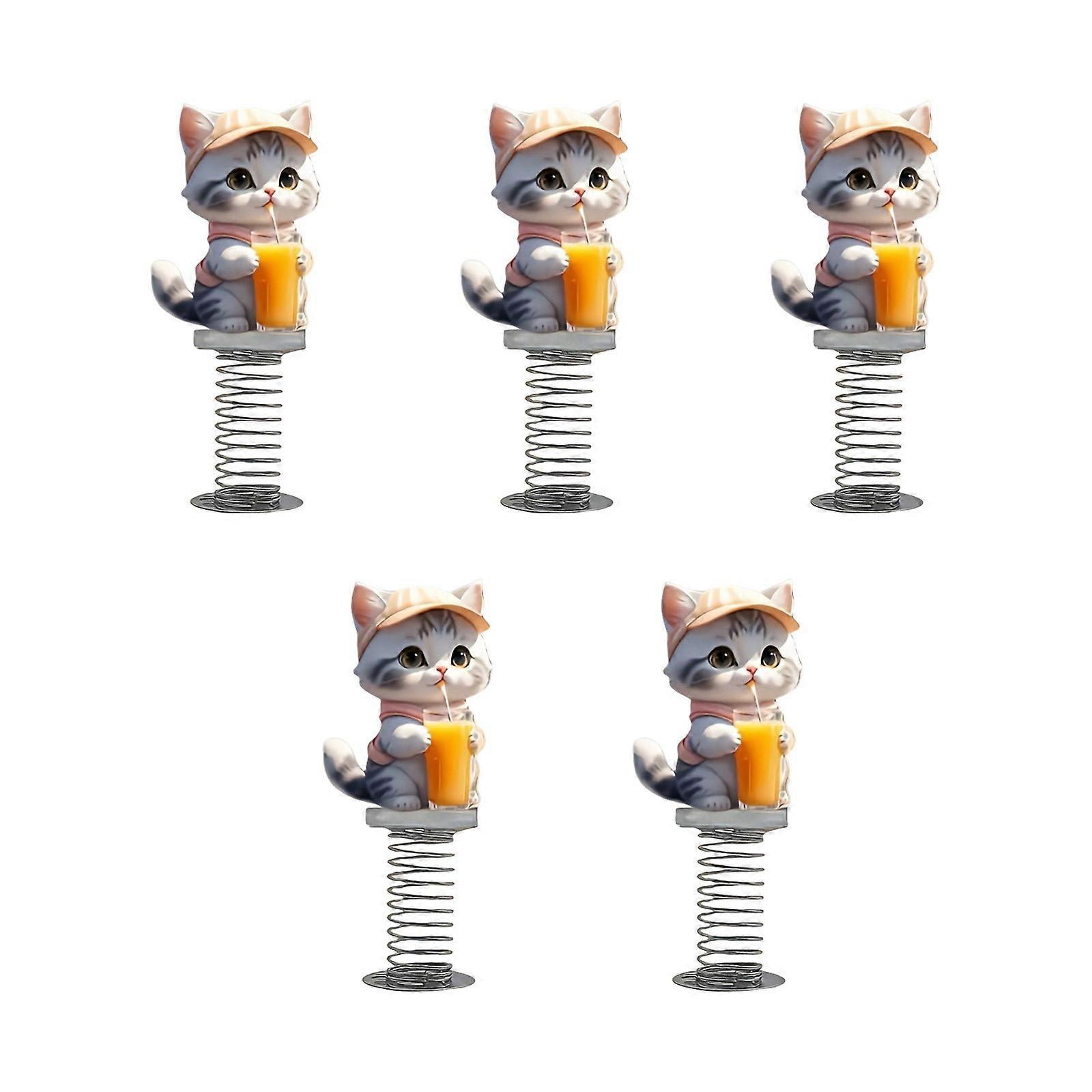 5Pcs 2D Acrylic Flat Cats Drinking Juices Ornaments With Bendable Metal Spring Car Interior Dashboard and Desk Display Multicolor