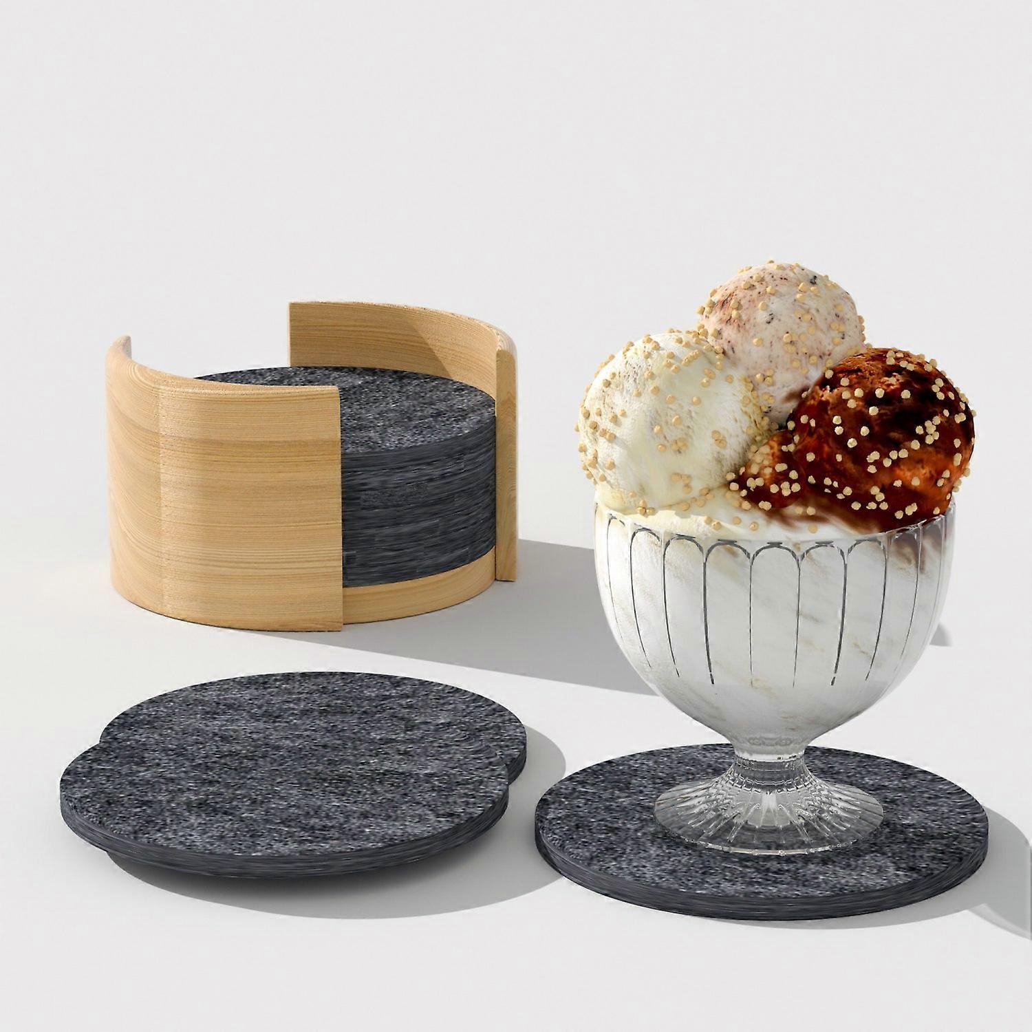Set of 10 practical felt coasters with wooden holder in dark grey for glasses cups bottles bowls and more