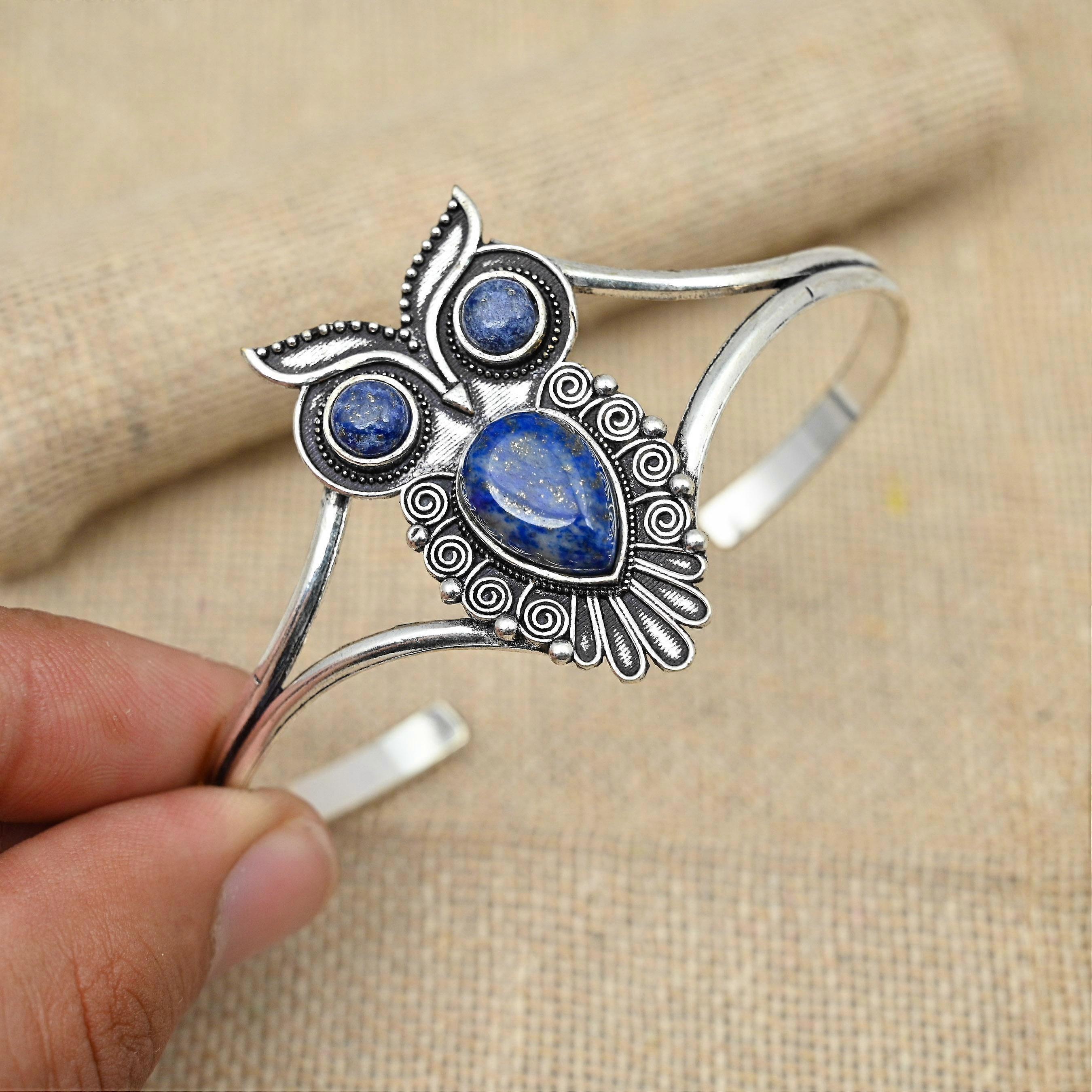 Lapis Lazuli Gemstone Solid 925 Silver Band Cuff Handmade Bracelet Jewelry Adjustable Gift