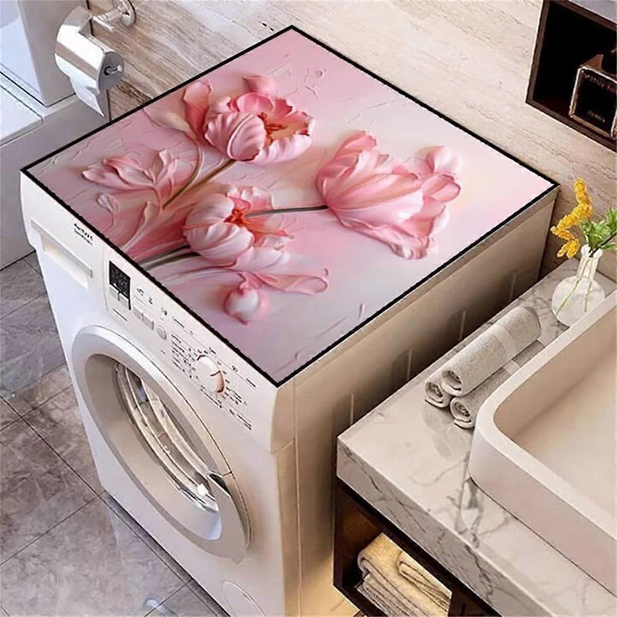 Washing Machine Dust Cover Mat Waterproof Quick Dry Floral Print for Laundry Kitchen (Pink, 40x50cm)