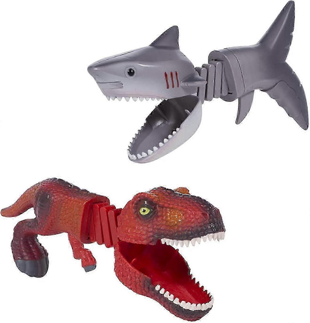 Crazy Hungry Dinosaur Shark Grabber Set Of 2 Chomper With 12 Small Guys Figures Puppet T-rex Claw Game Funny Toys For Kids Age 3+ (red Dino+shark)