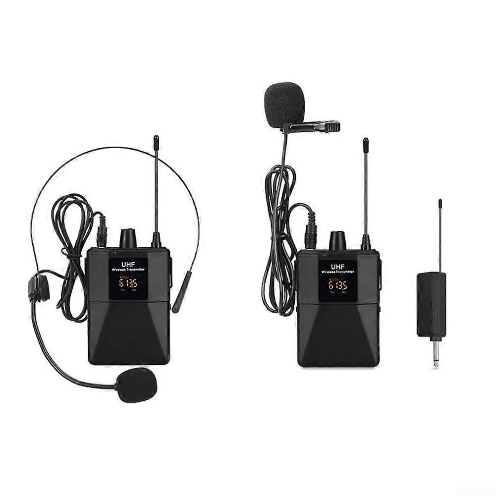 UHF Wireless Microphone System Kit With Headset Lavalier Beltpack Transmitter, Cordless Karaoke, 1 to 2 Channels