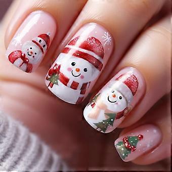 Christmas Press On Nails Medium Square Snowflake Design, Glossy Holiday Fake Nail Kit 24pcs