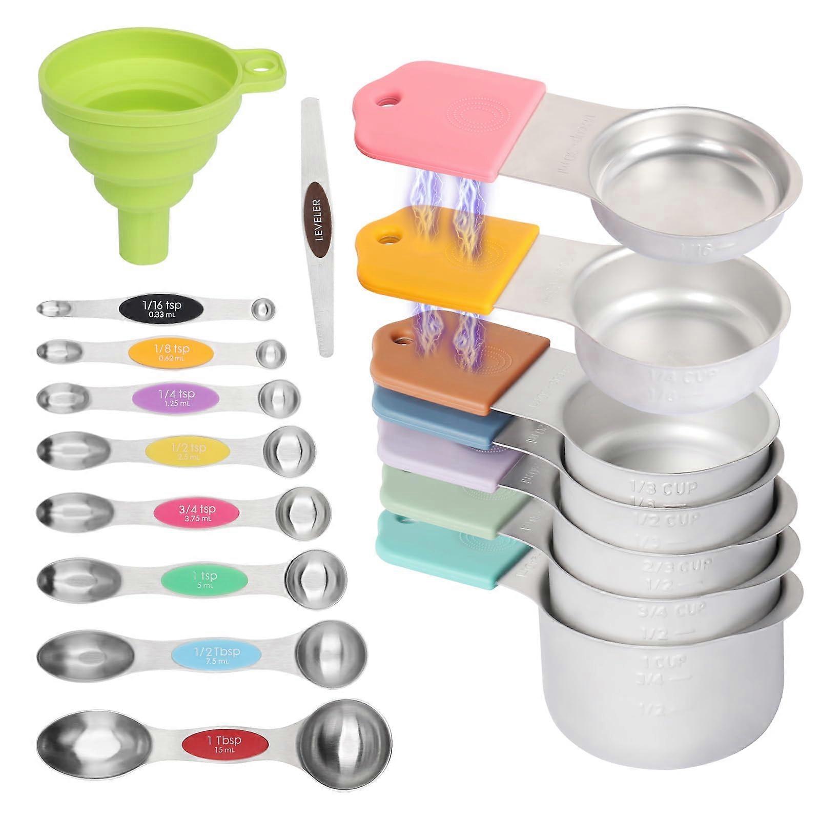 Magnetic Stainless Steel Measuring Cups and Spoons Set, 17Piece Stackable Design with Funnel