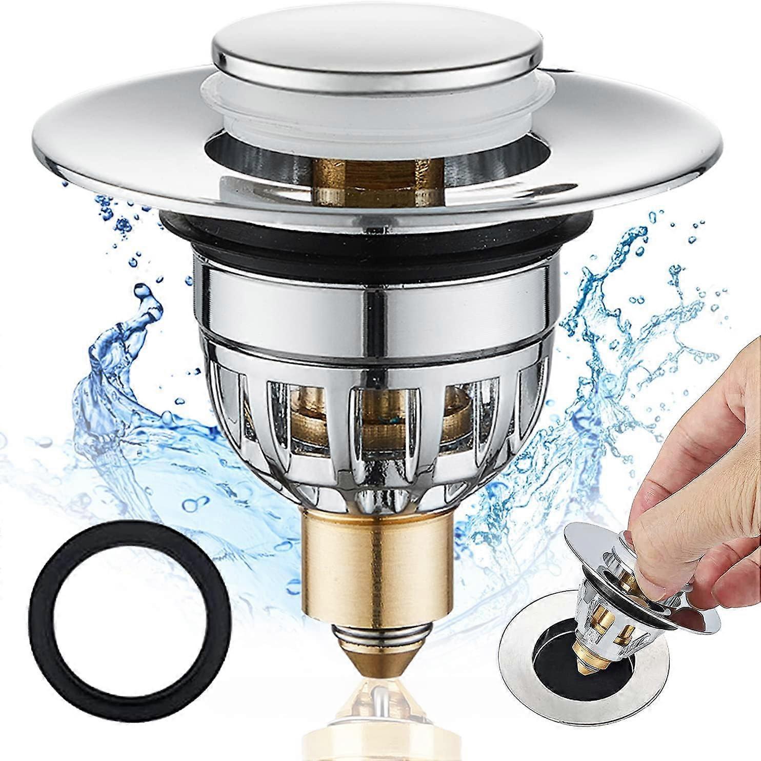 Pop-up bathroom sink plug - stainless steel - push-button