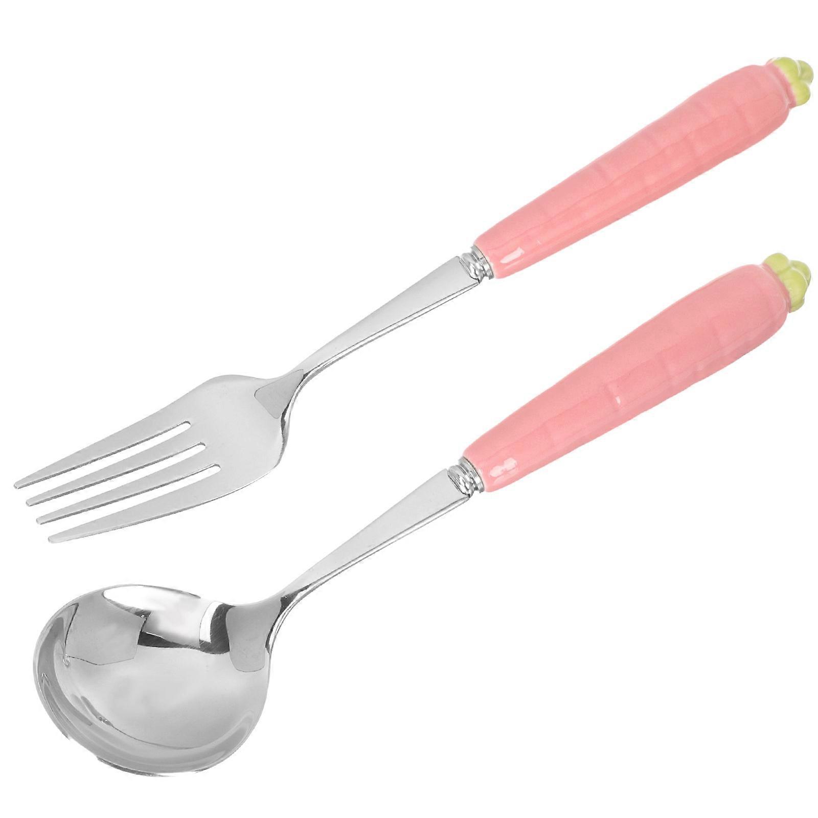 Cartoon Carrot Fork Spoon Children's Flatware for Party Use 2Pcs Pink