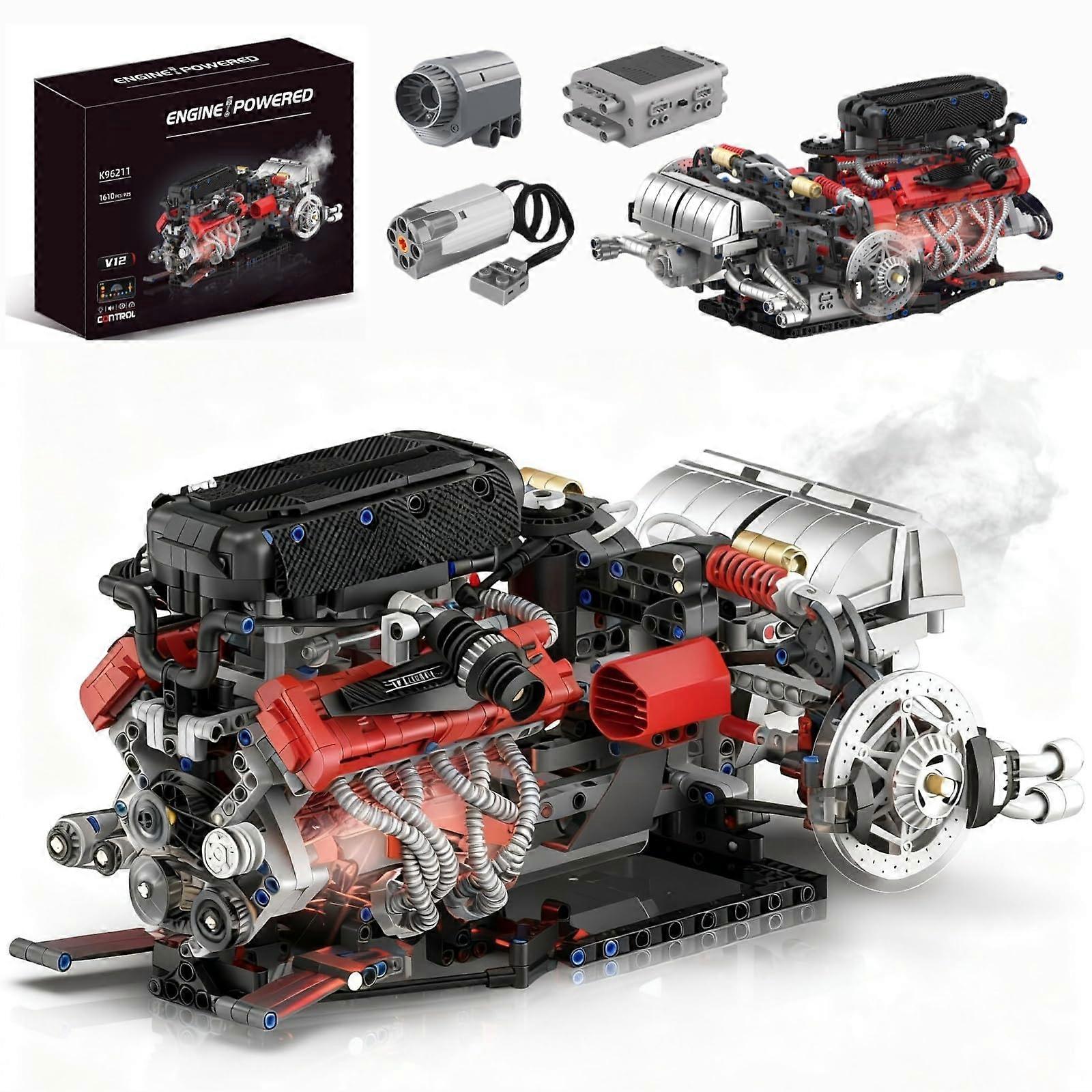 V12 Engine Model Kit with Motor, LED Lights and Smoke Effect, Large Scale Set Compatible with  Technic for Adults