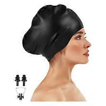 Extra Large Swim Cap for Long Hair & Swim Cap Women Adult - Silicone Swimming Hat for Braids, Dreads, Weaves & Extensions with Ear Plugs & Nose Clip