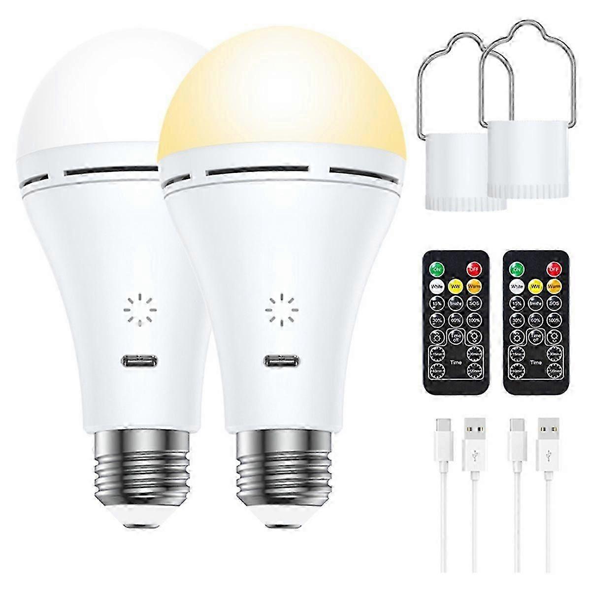 2 Adet USB Şarj Edilebilir LED Ampul, 3 Renk Ayarlanabilir 3000K-6000K, E27 Duy 9W, Uzaktan Kumanda Dahil