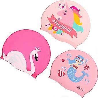 3 Pieces Kids Swim Caps Baby Waterproof Bathing Caps Children Cartoon Swimming Hat for Long and Short Hair Kids Boys Girls Toddler