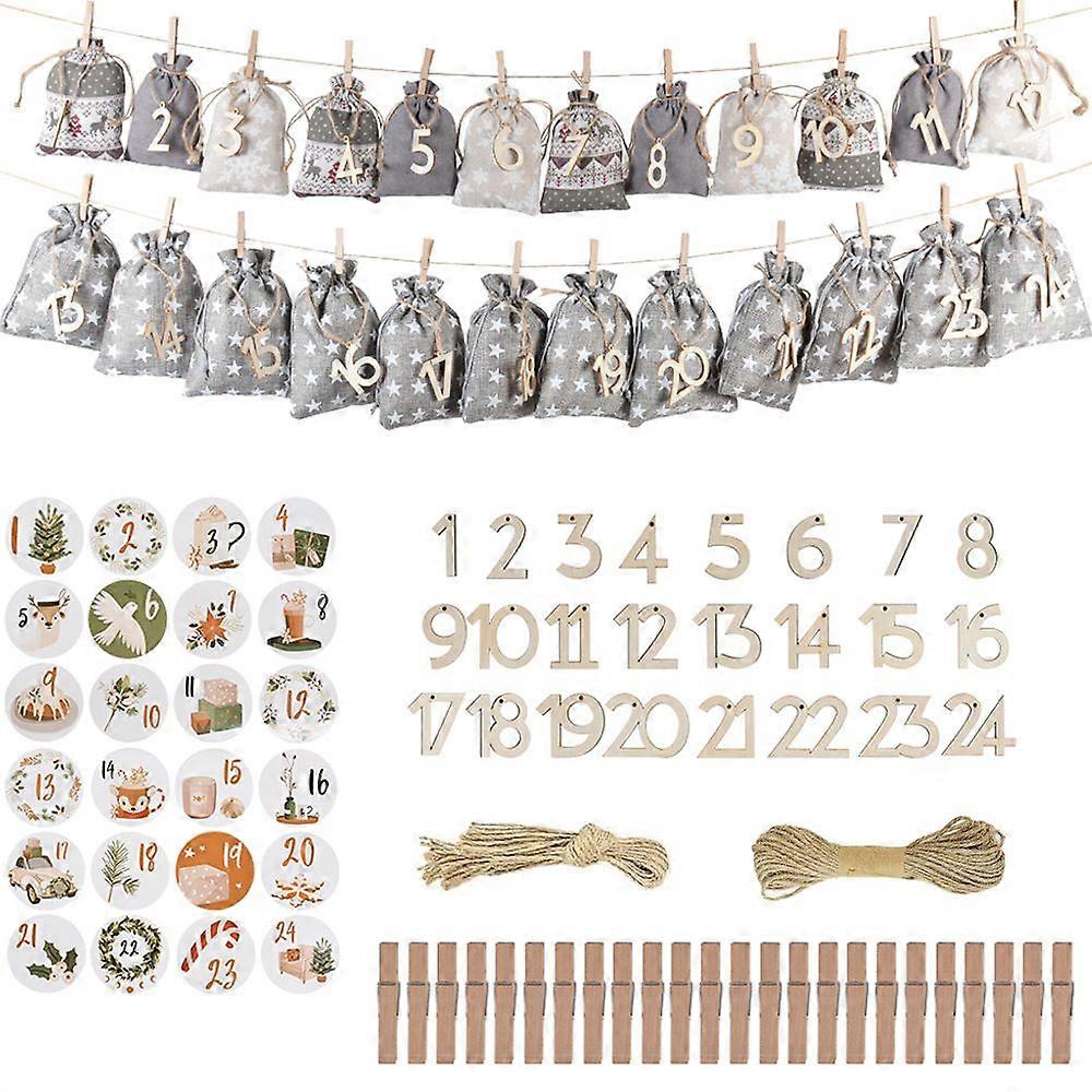Burlap Advent Gift Bag Set, Drawstring Countdown Pouch 24pcs