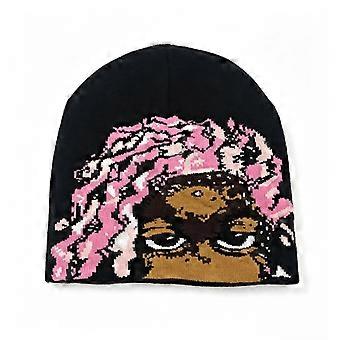 Women's Y2K Pink Dreadlock Jacquard Beanie, Hip-Hop Street Style Pullover Hat, Soft Warm Pixel Portrait Winter Headwear