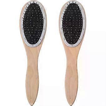 Set da 2 pezzi composto da un pettine con setole e una spazzola districante, entrambi con manico in legno e perni in acciaio inossidabile, ideali per la cura dei capelli di uomini e donne.