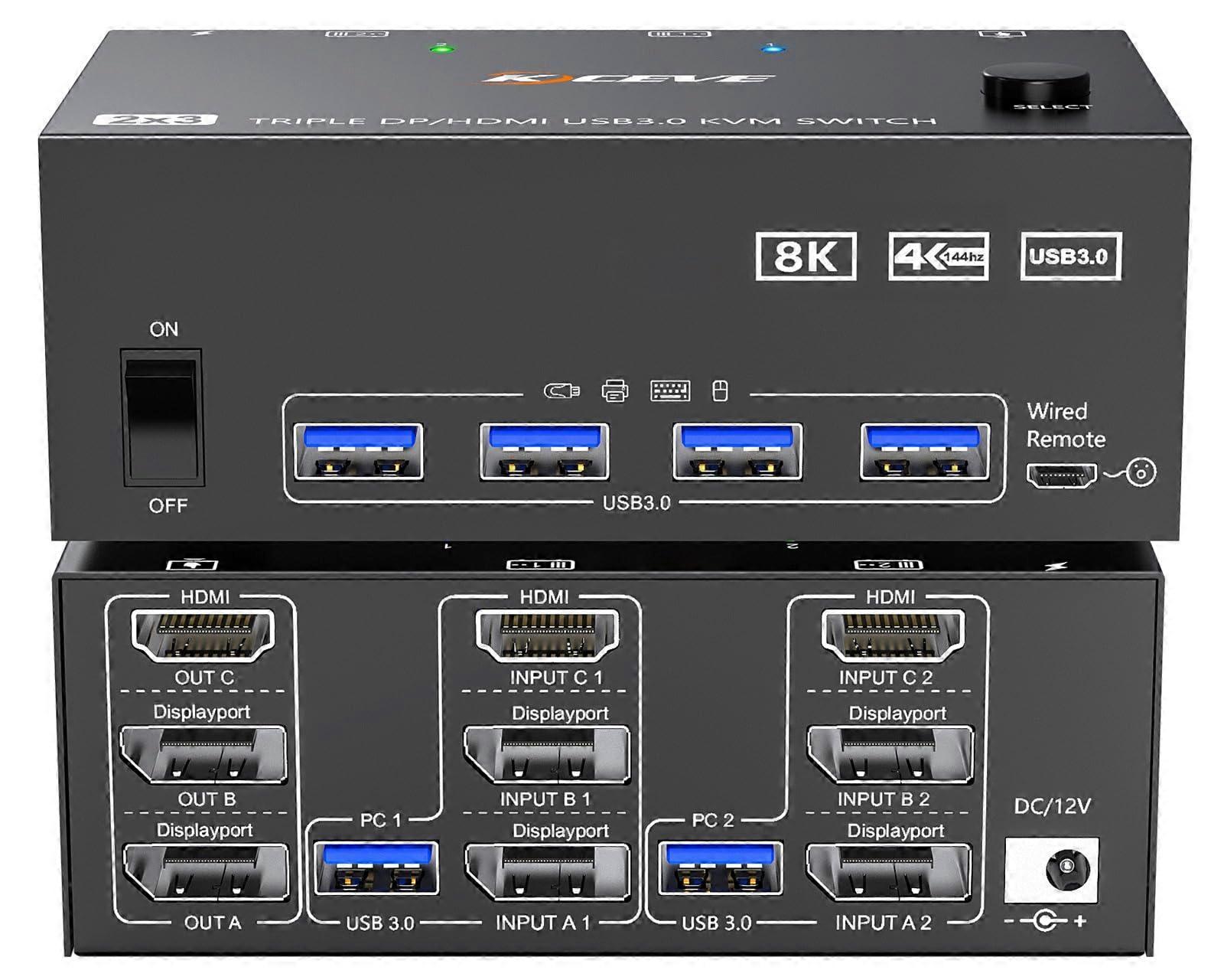 KVM Switch 3 Monitoren 2 Computers, HDMI + 2 DisplayPort