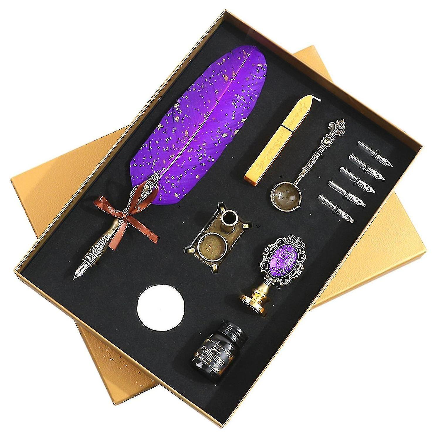 1 Set Quill Pen Set Nice-looking Meaningful Stainless Steel Smooth Writing Feather Pen Ink Kit Stati