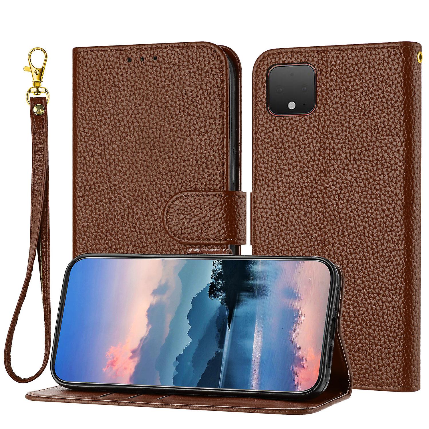 For Google Pixel 4 Case, Litchi Grain PU Leather Folio Cover Magnetic Closure Flip Wallet Card Slots Stand Case With Hand Strap,Brown