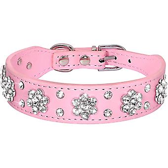 Veeki Adorable PU Leather Dog Collar - Rhinestone Floral Pattern Inlay Stylish and Beautiful - Suitable for Small to Medium DogsM