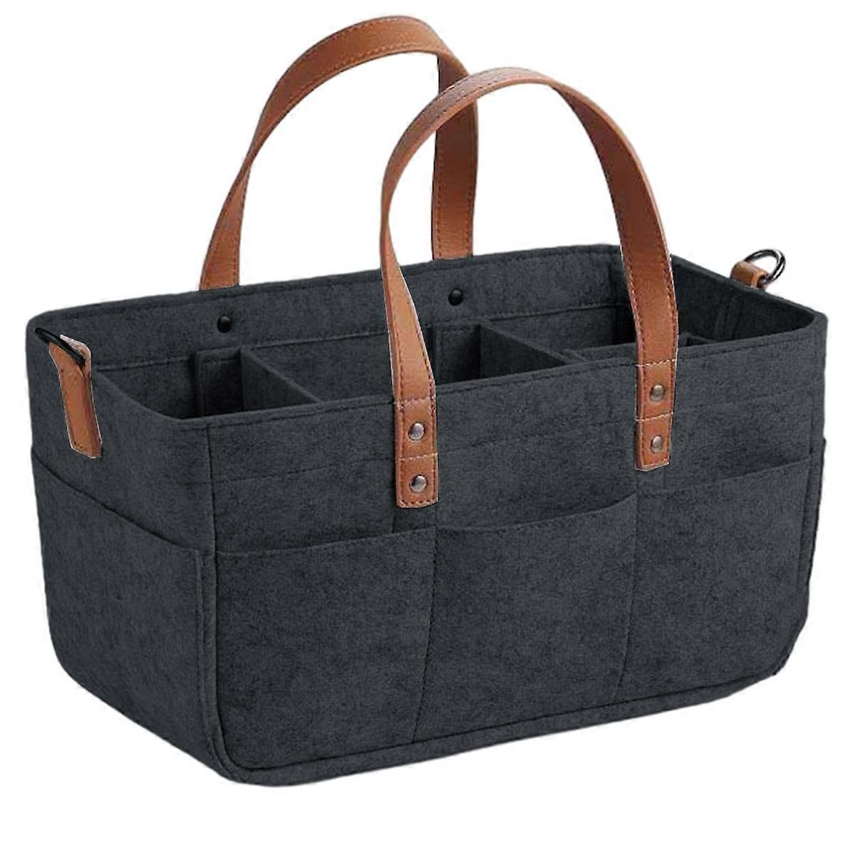 Felt Handbag Multiple Grids Baby Diaper Bag Nursery Storage Bin Carry Basket for Travel Use Dark Gray 33x15x18cm