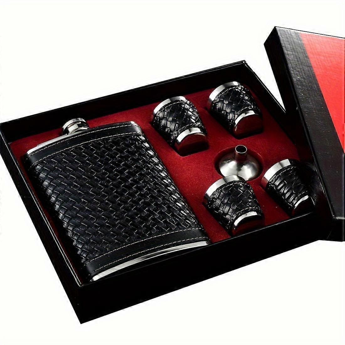 1セットブラックブレイドレザー9オンスワインボトルセット、ステンレス製ワインポット、ポケットヒップフラスコ、アルコールウイスキーリカースクリューキャップワインフラスコ、屋外ポッケ