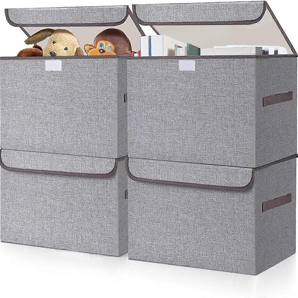 Linen Foldable Storage Box Cube Storage Basket with Flap Lid and Handle, Clothes Blanket Box for Home, Office, Closet, Gray, 4 Pack 38*24*24cm