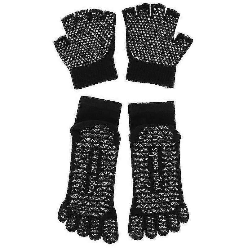 Yoga Socks And Gloves Set Non Grip With Silicone Dots (black, Random Sock And Gloves Pattern)