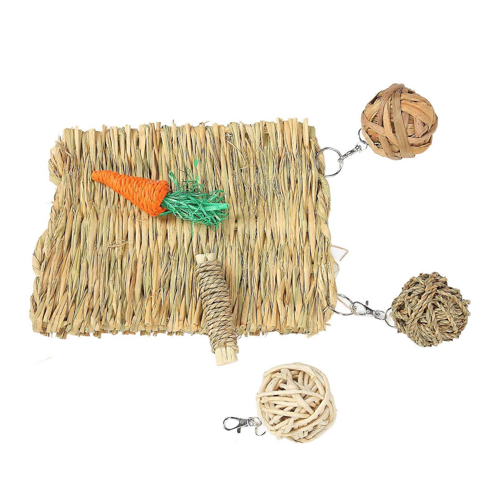 Hamster Chew Toy Set for Teeth Grinding and Boredom Relief with Grass Mat Ball for Guinea Pig Parrot