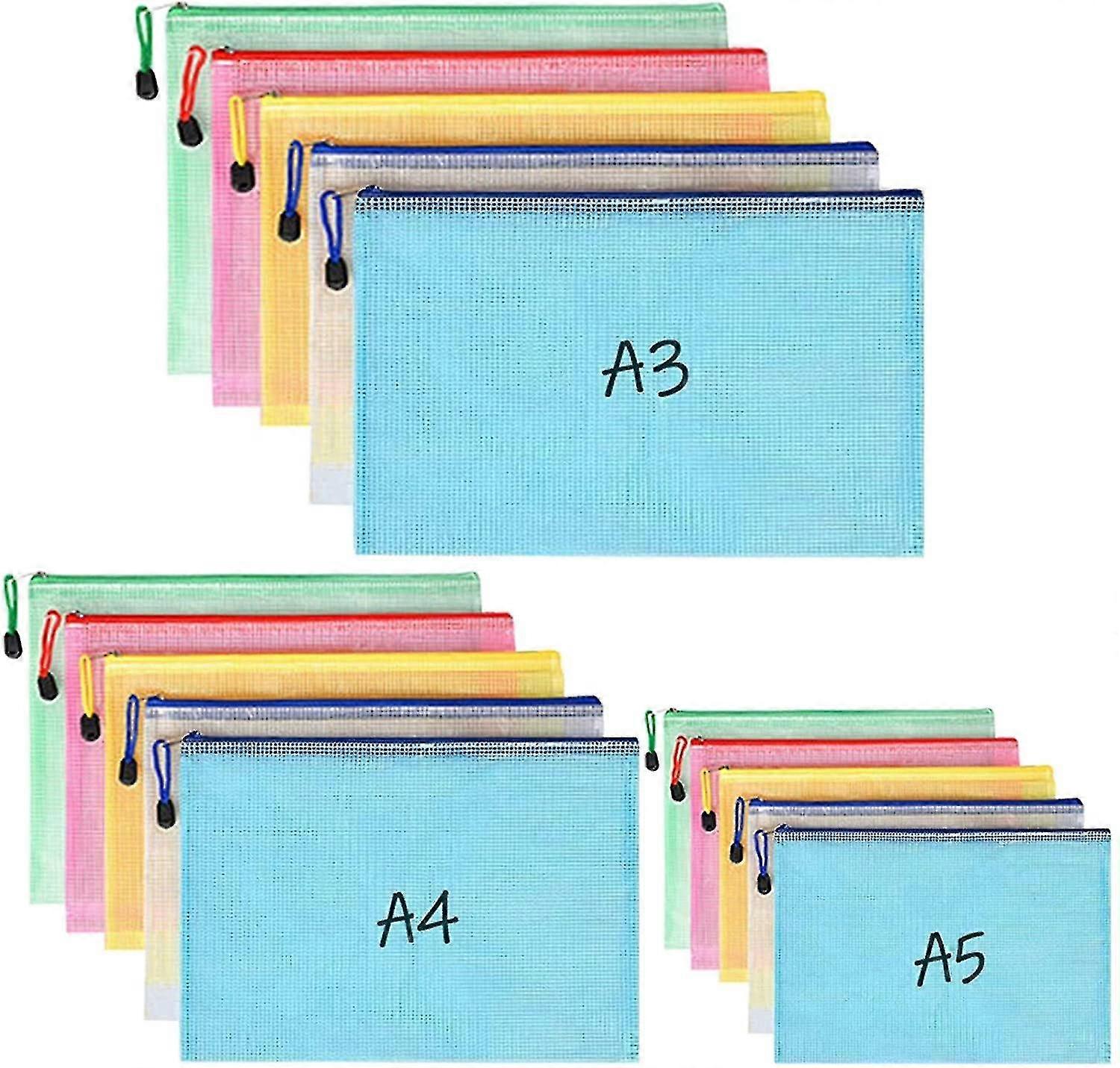 15 Pieces Document Pocket A3 + A4 + A5, File Pockets With Zipper, Mesh-YGWL
