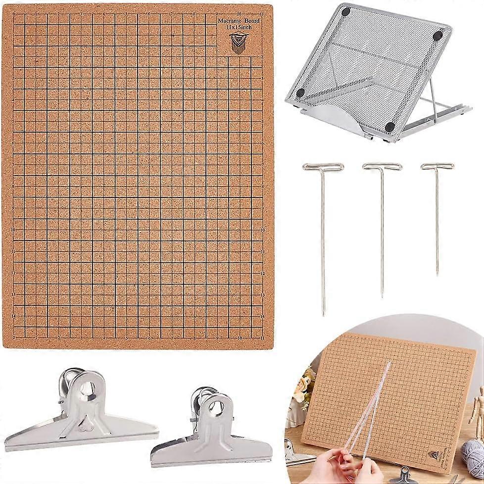 124 Pcs Cork Macrame Board Set 12x16 Inch(40.7x30.6cm) Double Sided Grids Macrame Board and Metal Adjustable Holder with T Pins Clips Macrame Supplies