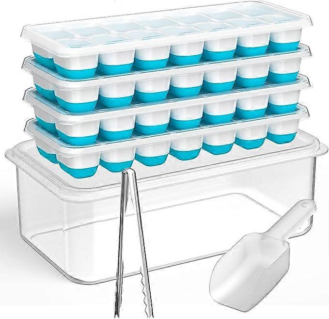 Ice Cube Tray with Lid and Bin, 4 Pack Silicone Plastic Ice Cube Trays
